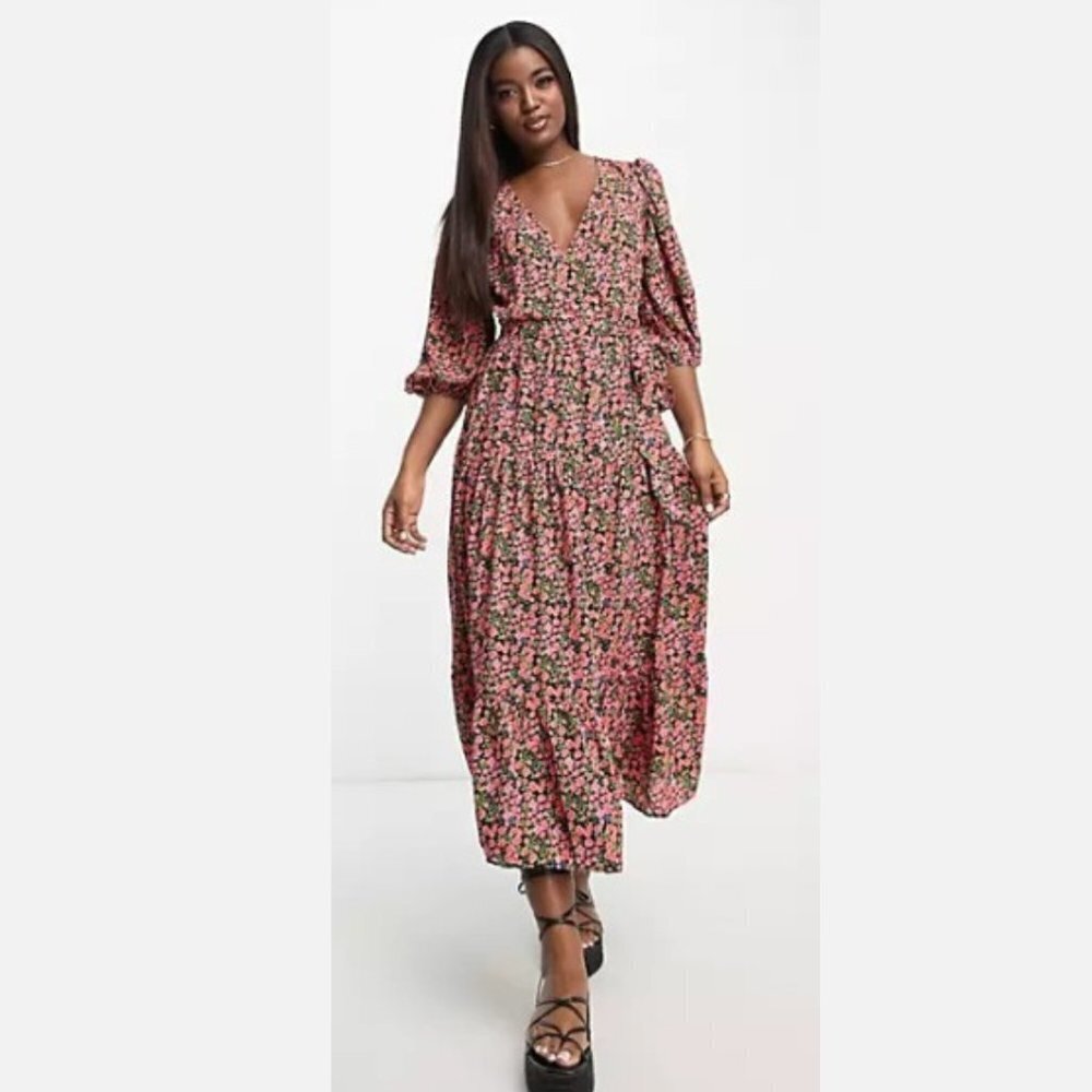 Glamorous Women's in Rose Floral Maxi Tiered Wrap Dress